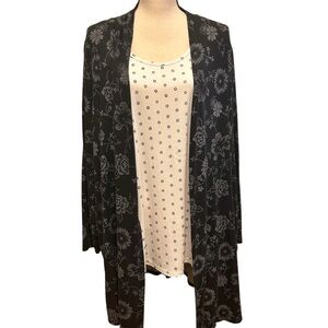 Lands' End Set Black Floral Drapey Kimono Open Front White Tee Top Plus size 1X